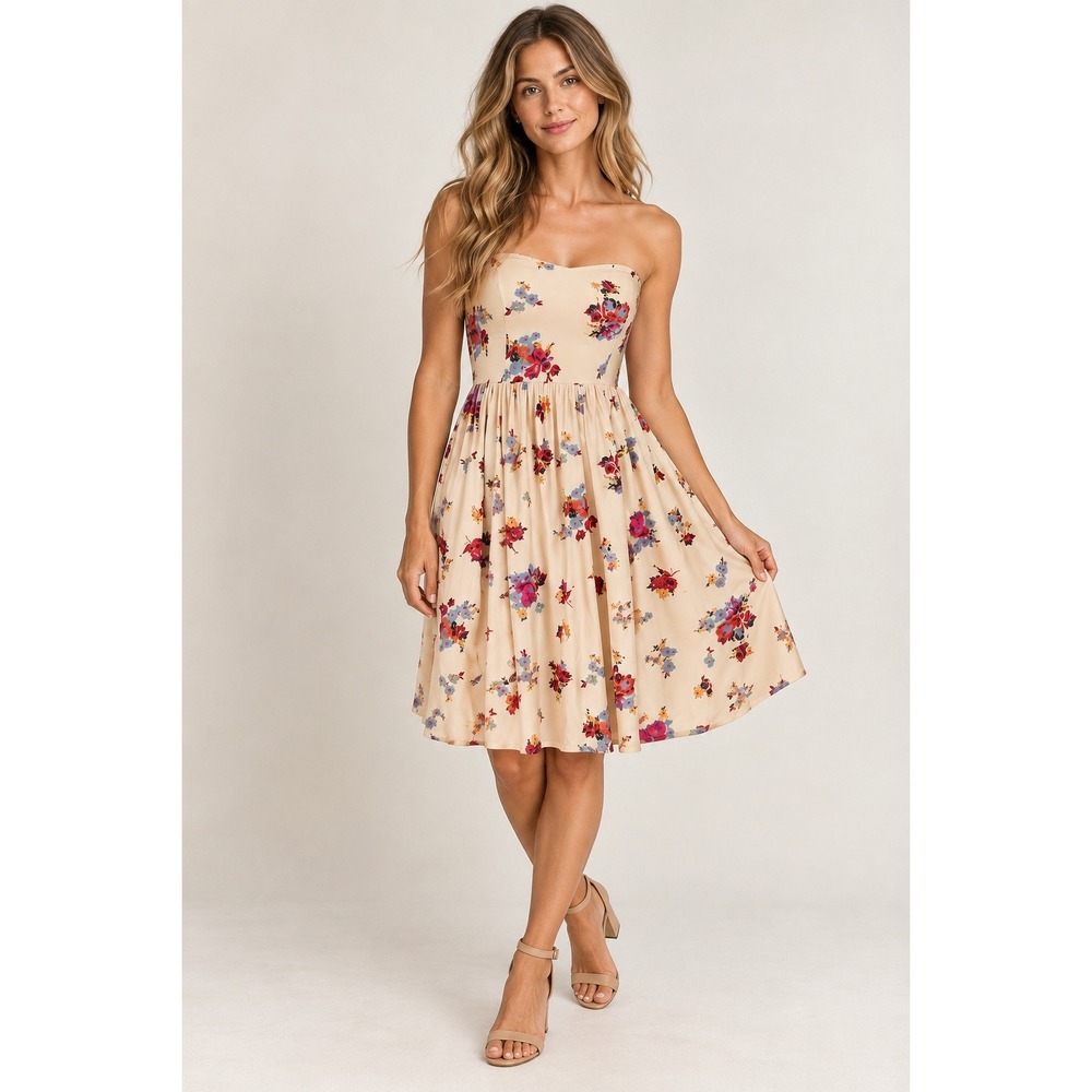 Free People Floral Strapless Fit & Flare Mini Dress Size 0 Ivory Boho Y2K